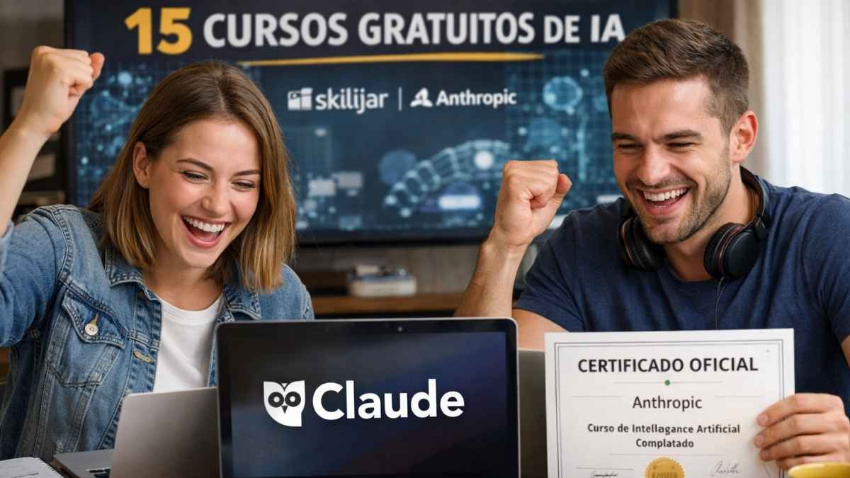 Estudiantes celebrando un curso de Claude con certificado oficial en una imagen sobre los 15 cursos gratis de Anthropic