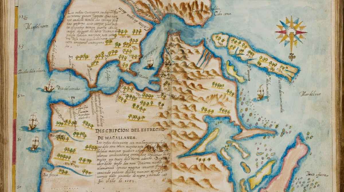 Mapa antiguo del Estrecho de Magallanes del siglo XVI relacionado con la colonia española de Puerto Hambre
