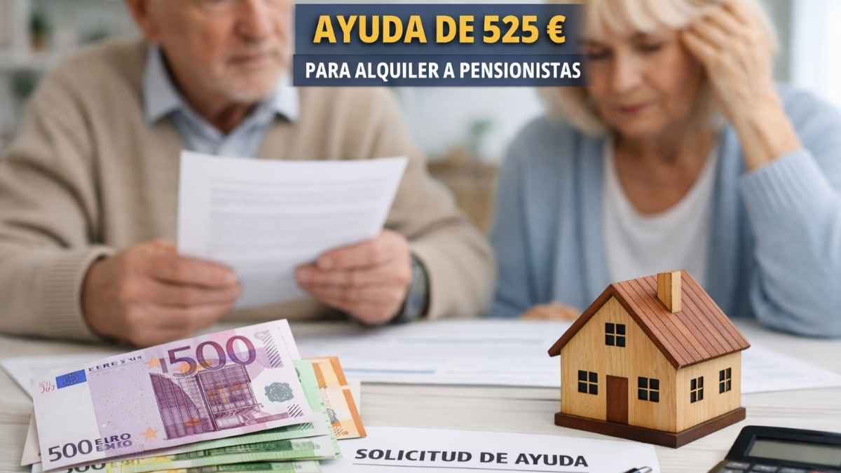Pensionistas revisando una solicitud de ayuda de 525 euros para alquiler con documentos y dinero sobre la mesa