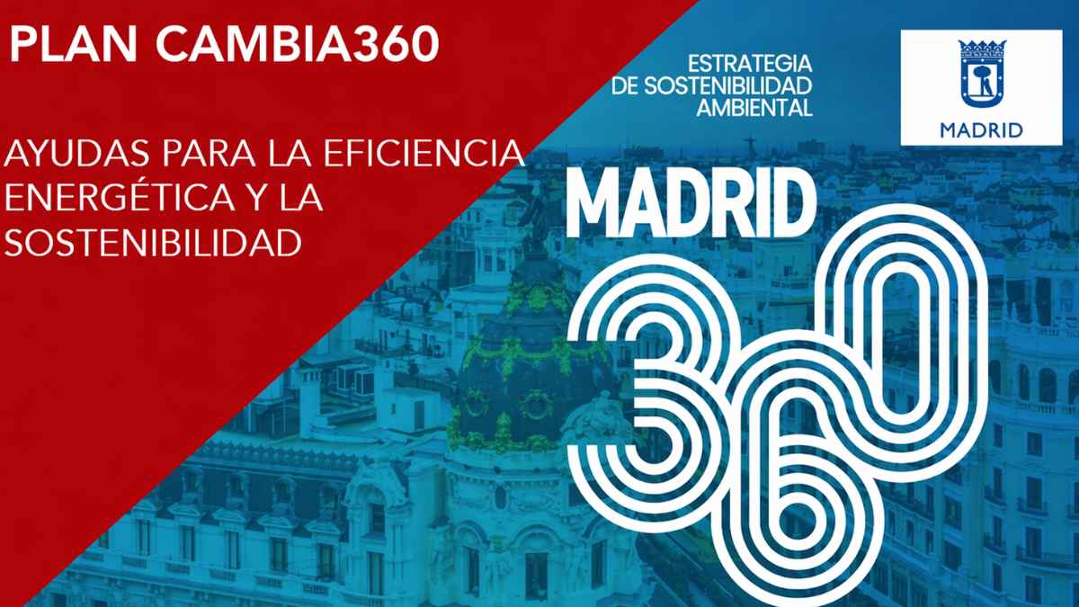 Cartel de las Ayudas Cambia 360 del Ayuntamiento de Madrid para renovar coches y sistemas de climatización