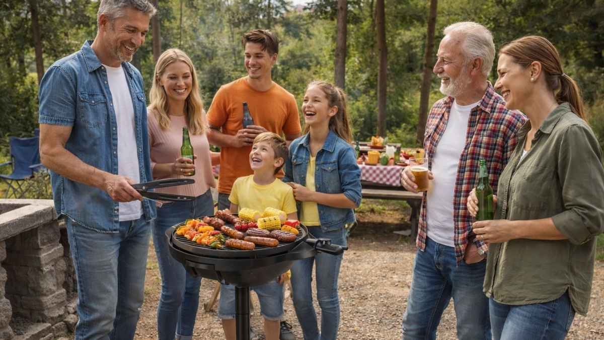 Familia y amigos haciendo una barbacoa en el campo con parrilla eléctrica portátil