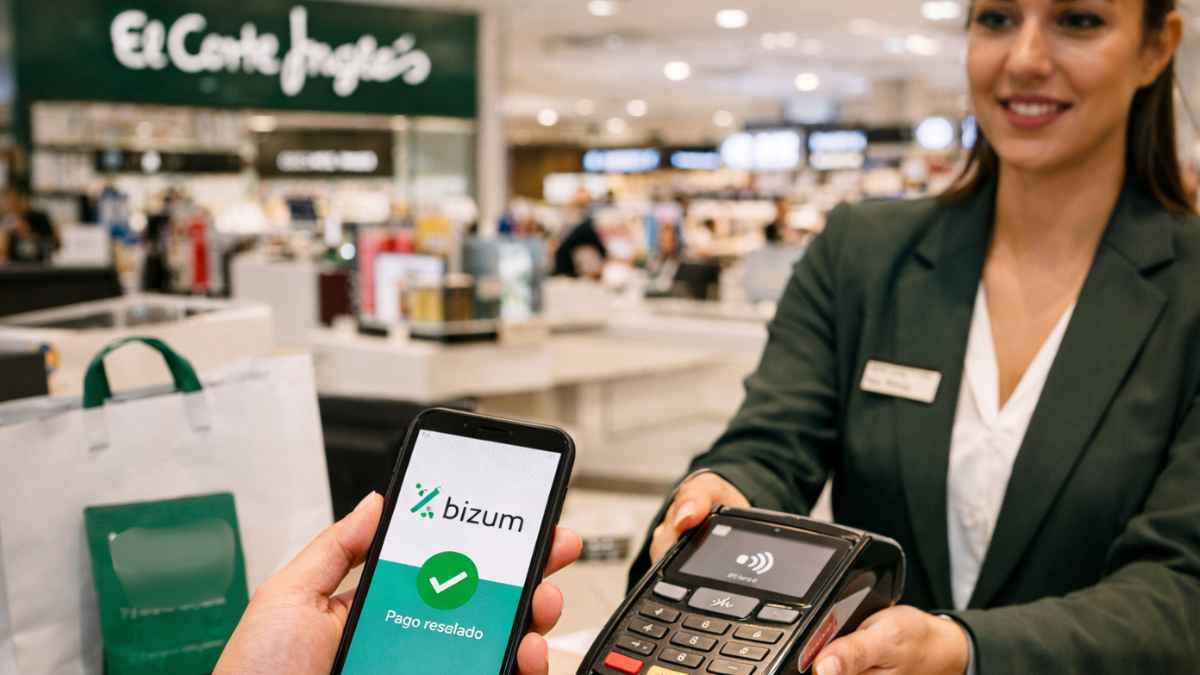 Cliente pagando con Bizum en una tienda física con móvil y terminal de cobro en un comercio