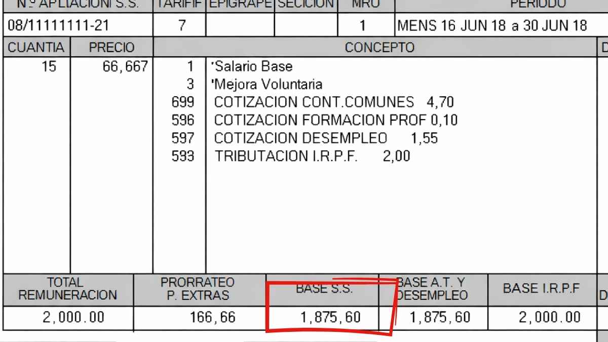 Pantalla de una nómina con bases de cotización, devengos y deducciones tras los cambios de cotización publicados en el BOE