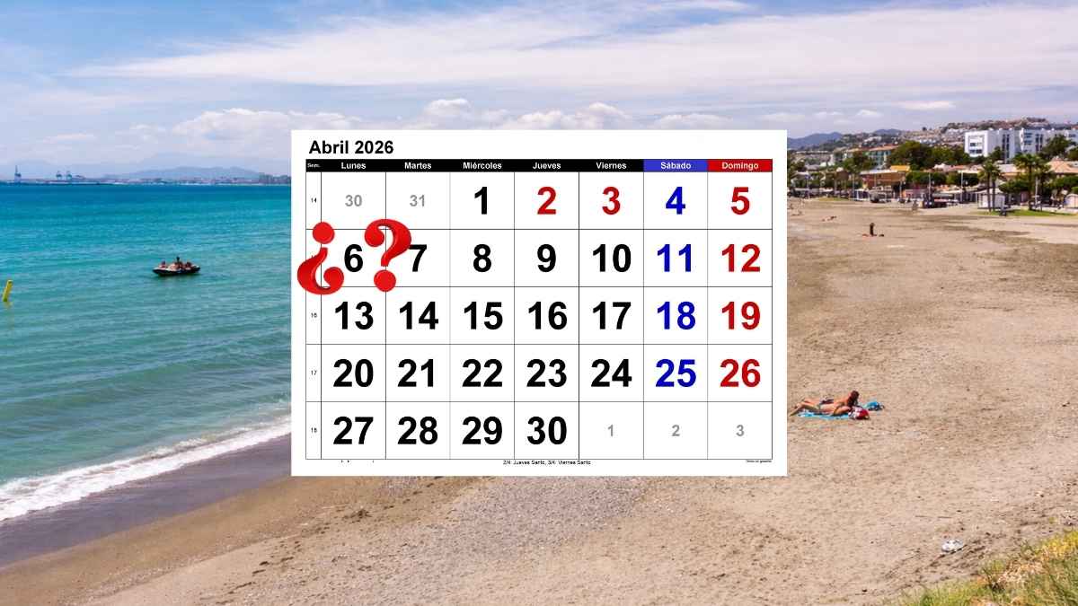 Calendario de abril de 2026 sobre una playa para ilustrar qué comunidades tendrán puente de Semana Santa hasta el lunes 6 de abril