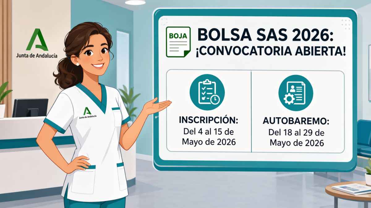 Ilustración de la bolsa SAS 2026 con convocatoria abierta y fechas de inscripción del 4 al 15 de mayo y autobaremo del 18 al 29.