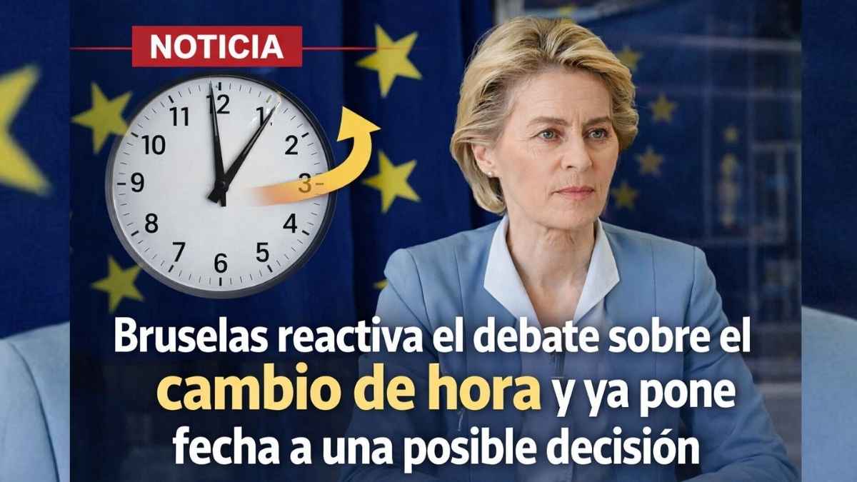 Montaje sobre el debate del cambio de hora en la Unión Europea con reloj y banderas europeas