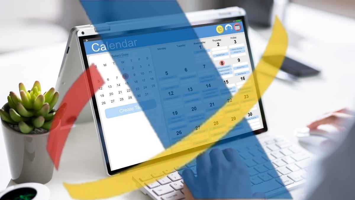 Tablet con calendario en pantalla y colores de España para ilustrar la cita de la declaración de la renta con Hacienda