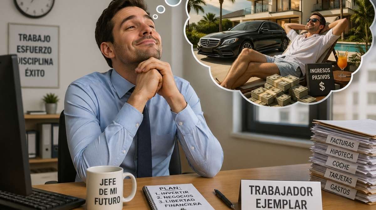 Hombre asalariado que se cree rico soñando con lujo mientras tiene deudas y facturas en su escritorio
