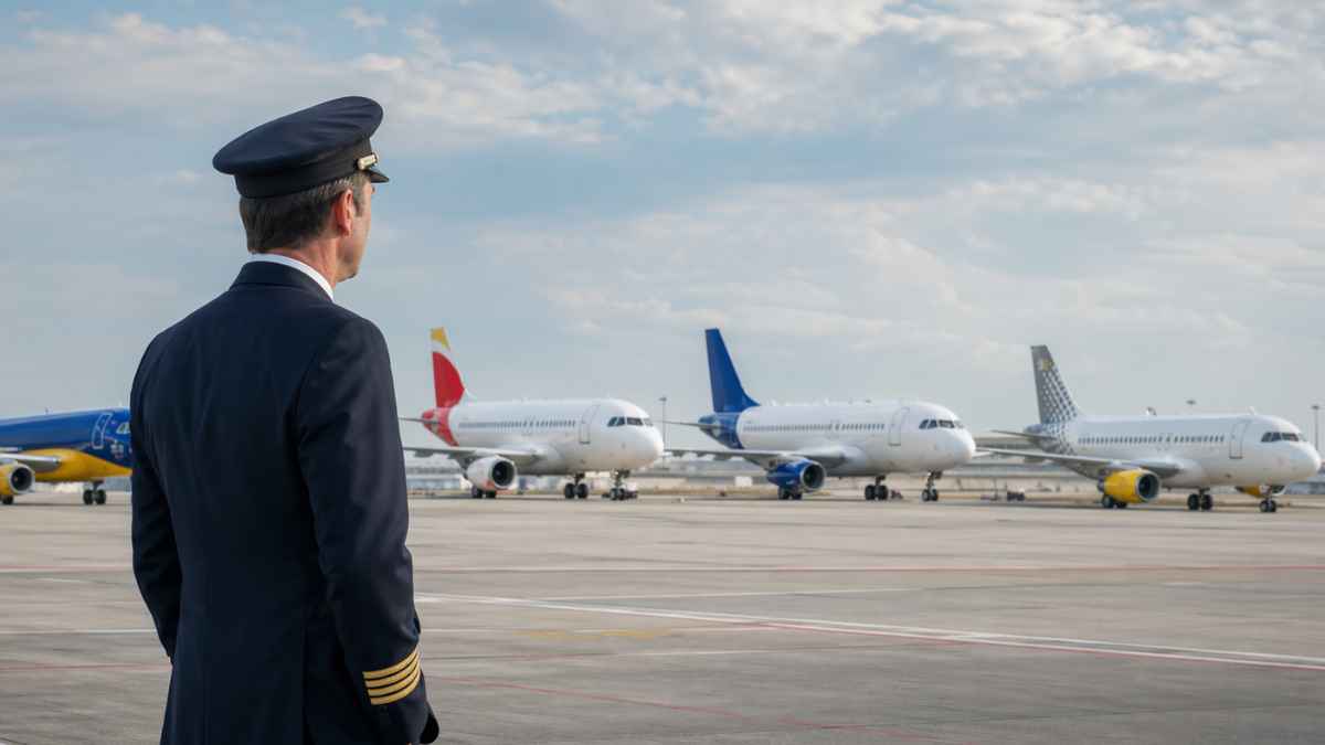 Piloto de avión en la pista con varios aviones de aerolíneas al fondo, imagen para noticia sobre sueldos en Ryanair, Iberia, Air Europa y Vueling