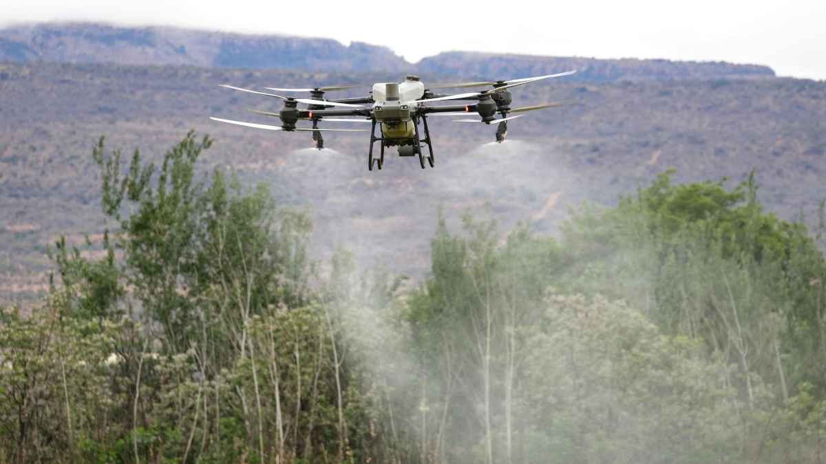 Dron agrícola fumigando un cultivo durante un vuelo de trabajo en el campo