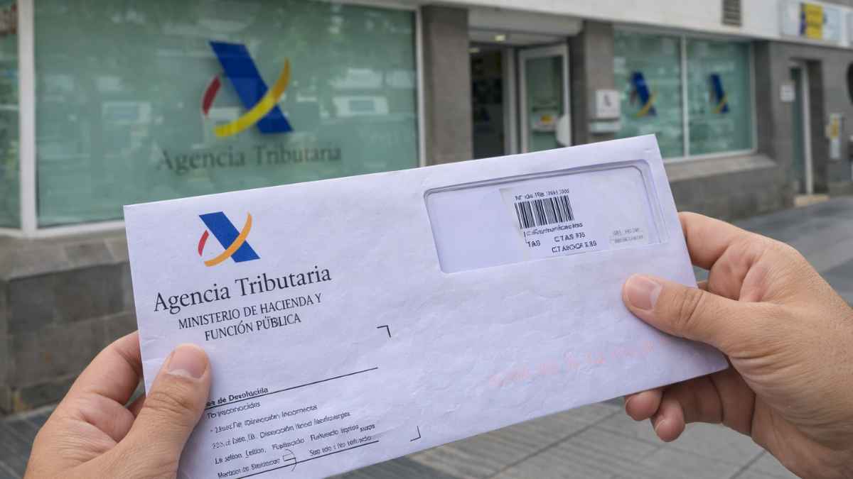Carta de Hacienda en manos de una persona frente a una oficina de la Agencia Tributaria