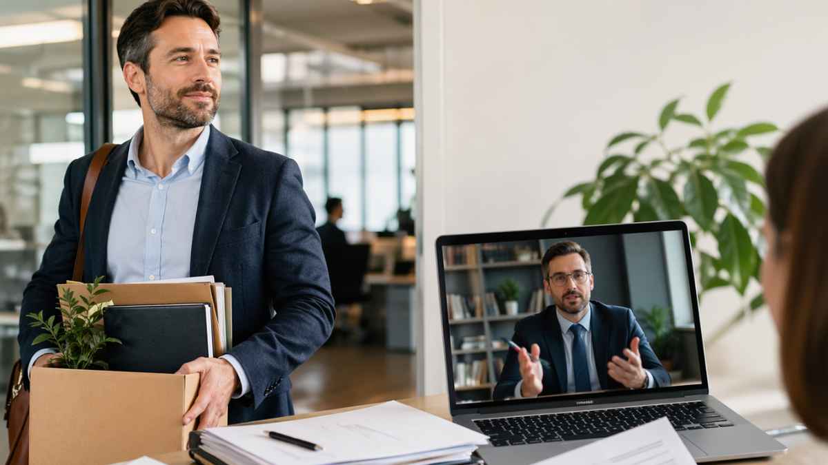 Trabajador saliendo de la oficina con documentos mientras un abogado laboralista explica cómo dejar el trabajo con paro e indemnización