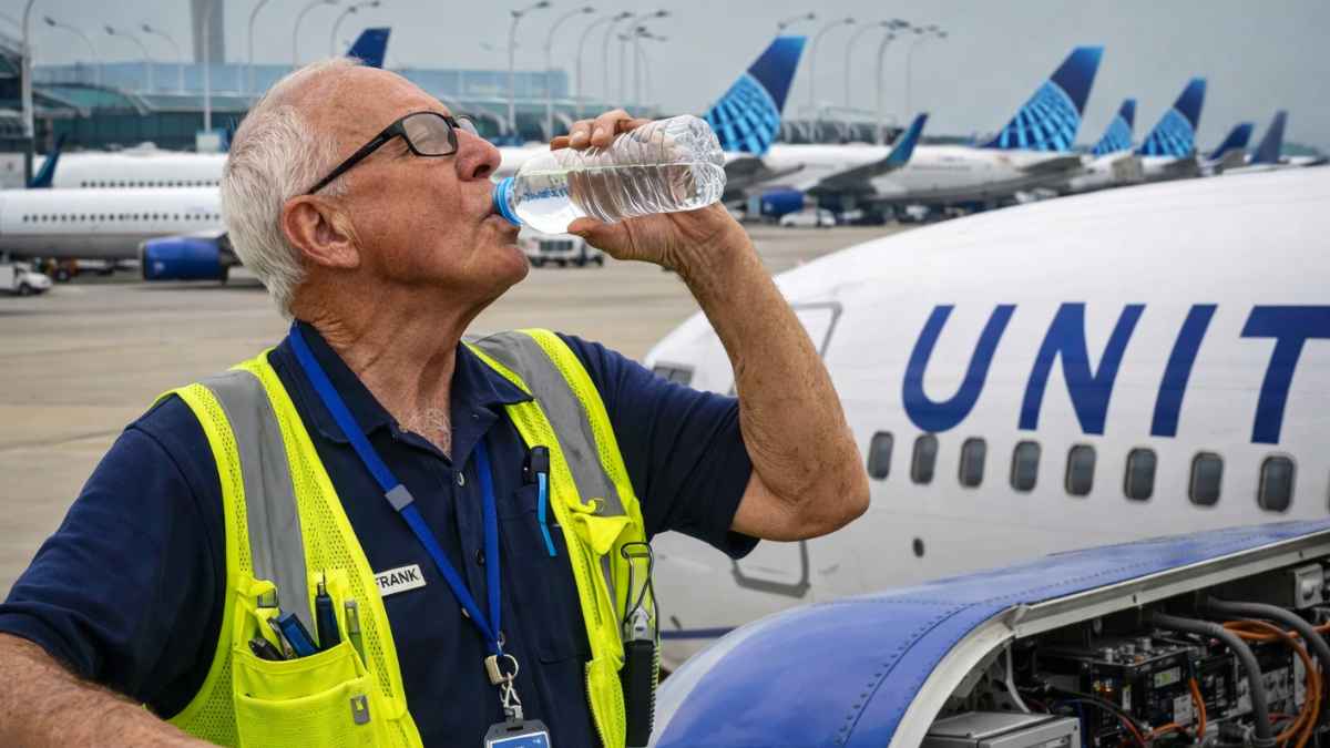 Trabajador mayor de United Airlines bebiendo agua durante su jornada de inspección y mantenimiento preventivo en el aeropuerto