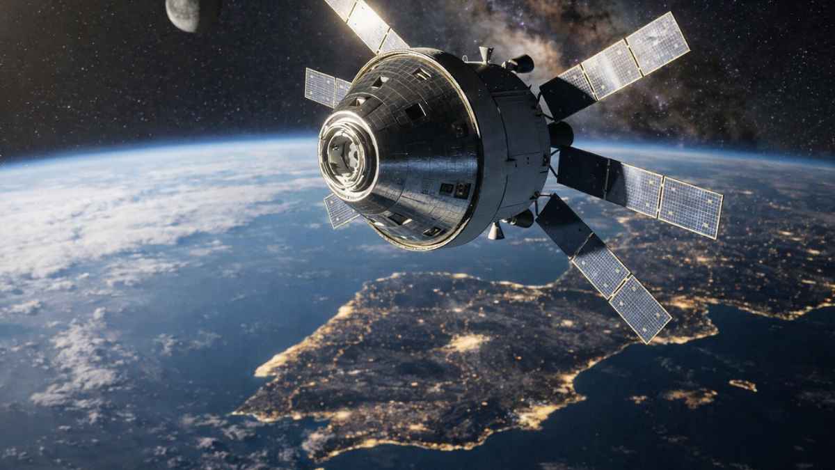 Nave espacial sobre la Tierra con vista de España desde el espacio
