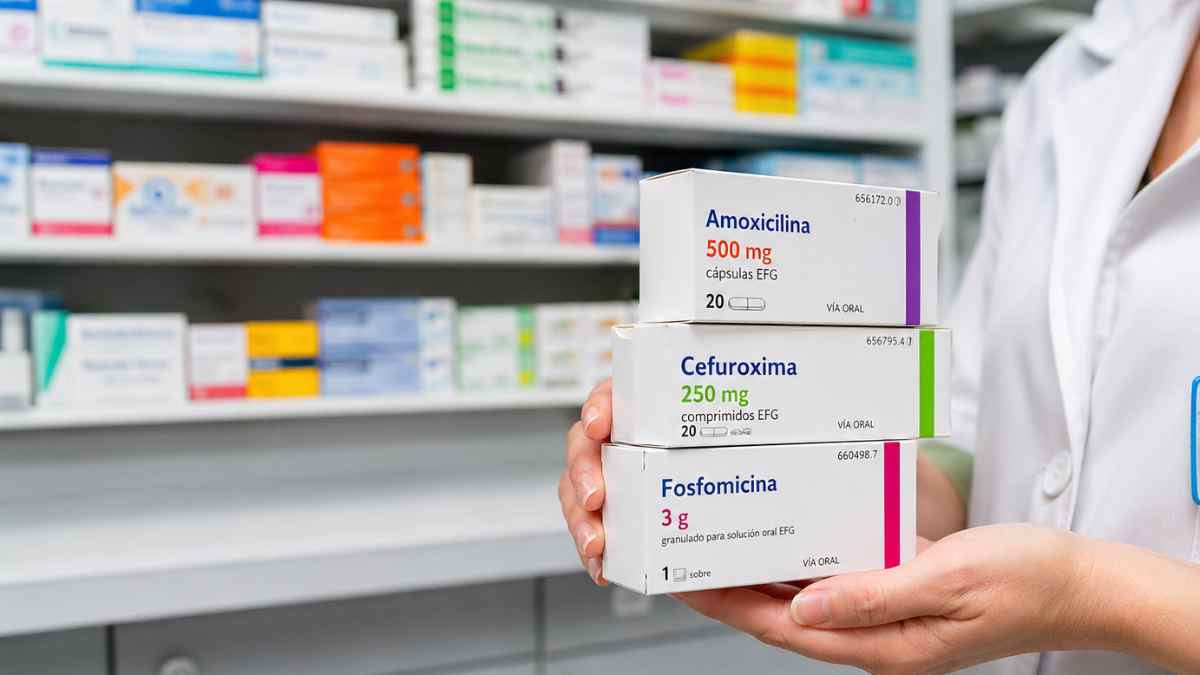 Farmacéutico sostiene cajas de antibióticos como amoxicilina, cefuroxima y fosfomicina en farmacia en España