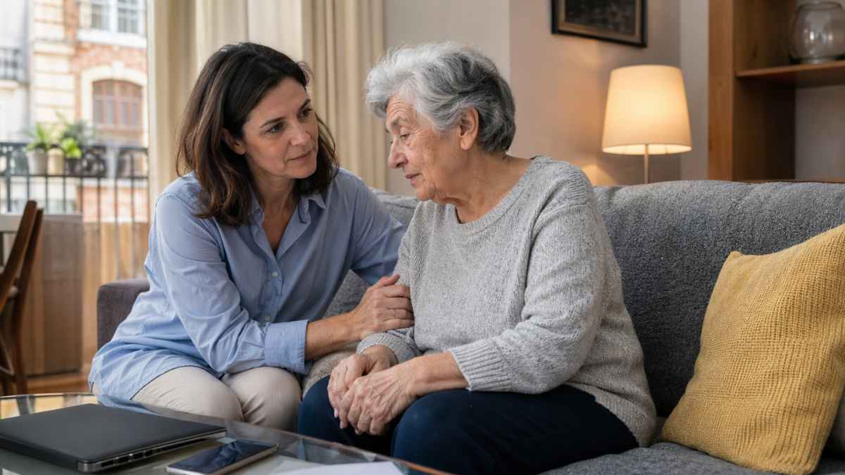 Mujer cuida de una familiar mayor en casa durante una excedencia laboral por cuidado de pareja o familiares
