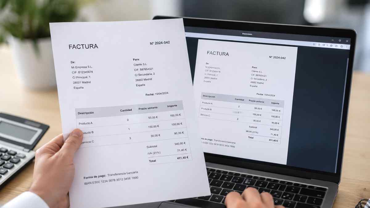 Factura electrónica en ordenador junto a factura en papel para empresas y autónomos en España
