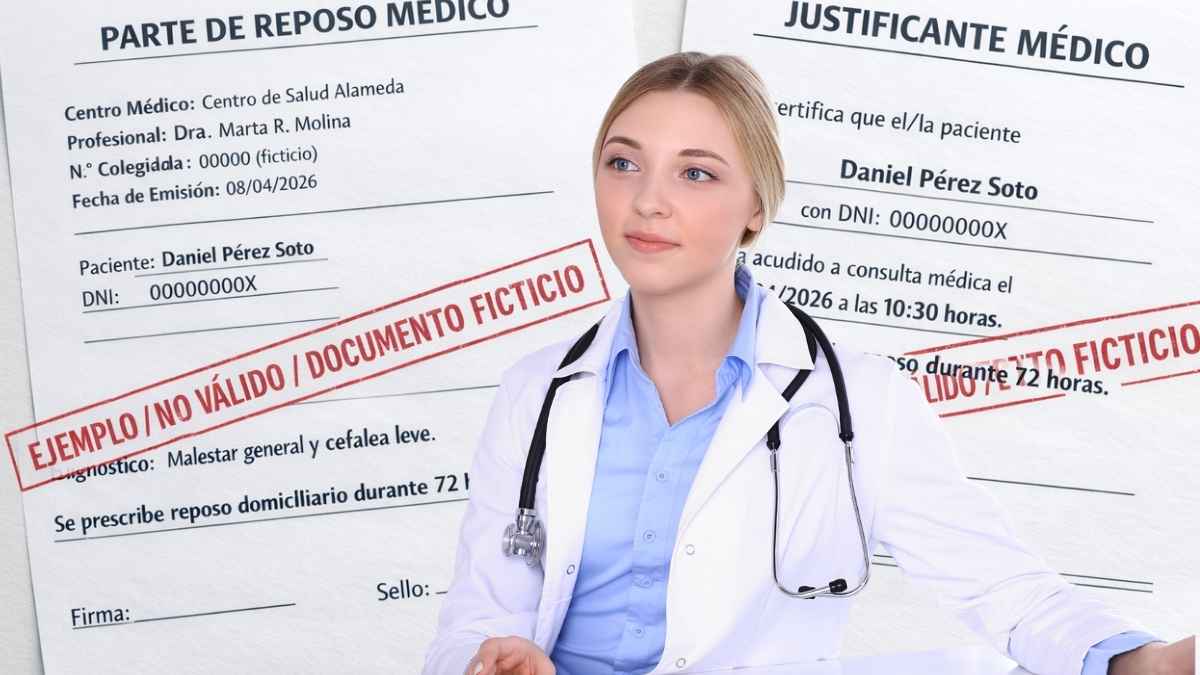 Doctora delante de un parte de reposo médico y un justificante médico ficticios sobre faltar al trabajo sin baja oficial
