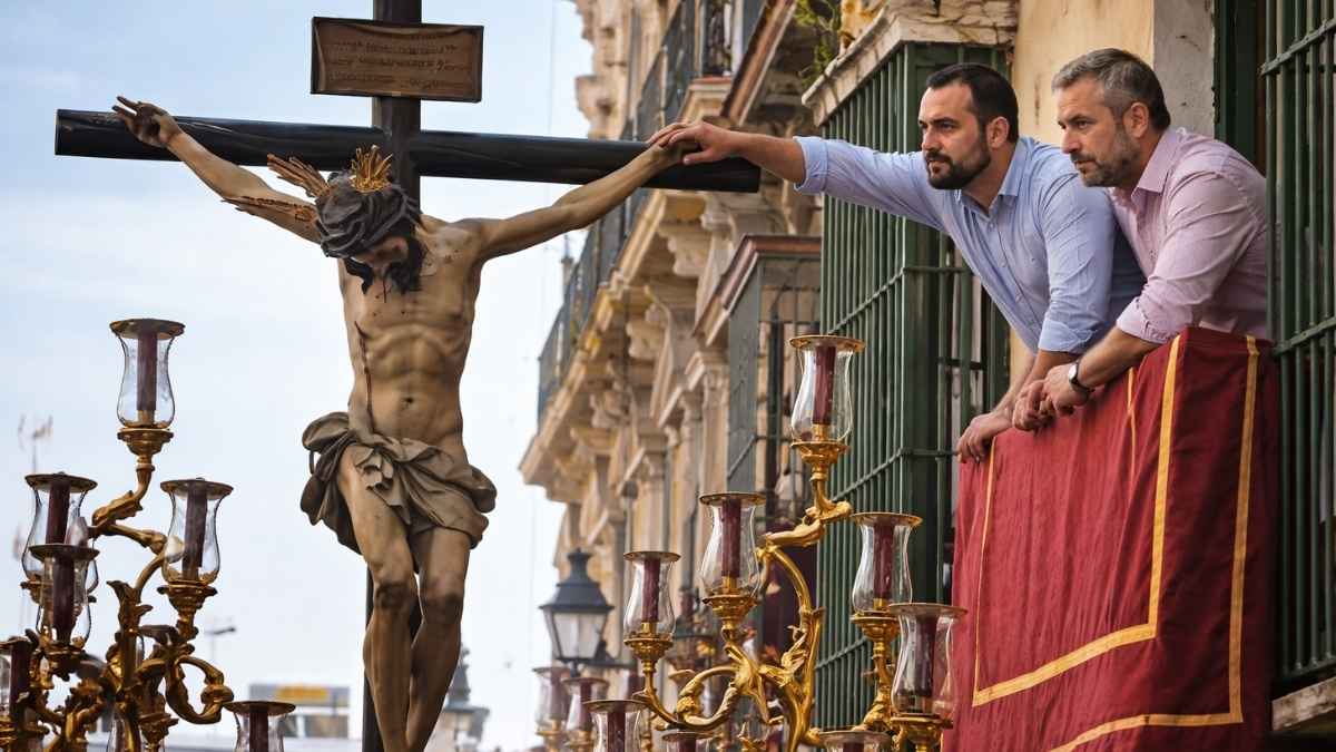 Hombres en un balcón viendo una procesión de Semana Santa mientras Hacienda vigila el alquiler de balcones