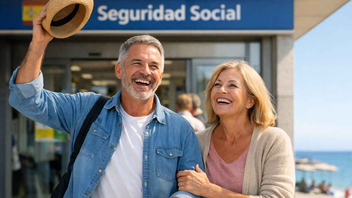 Pareja sonriente frente a una oficina de la Seguridad Social tras conocer la jubilación anticipada sin recortes en la pensión