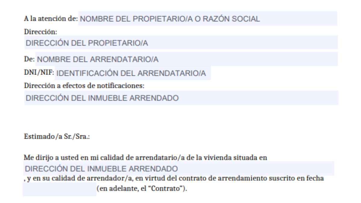 Modelo de solicitud de prórroga de contrato de alquiler para inquilinos, facilitado por FACUA