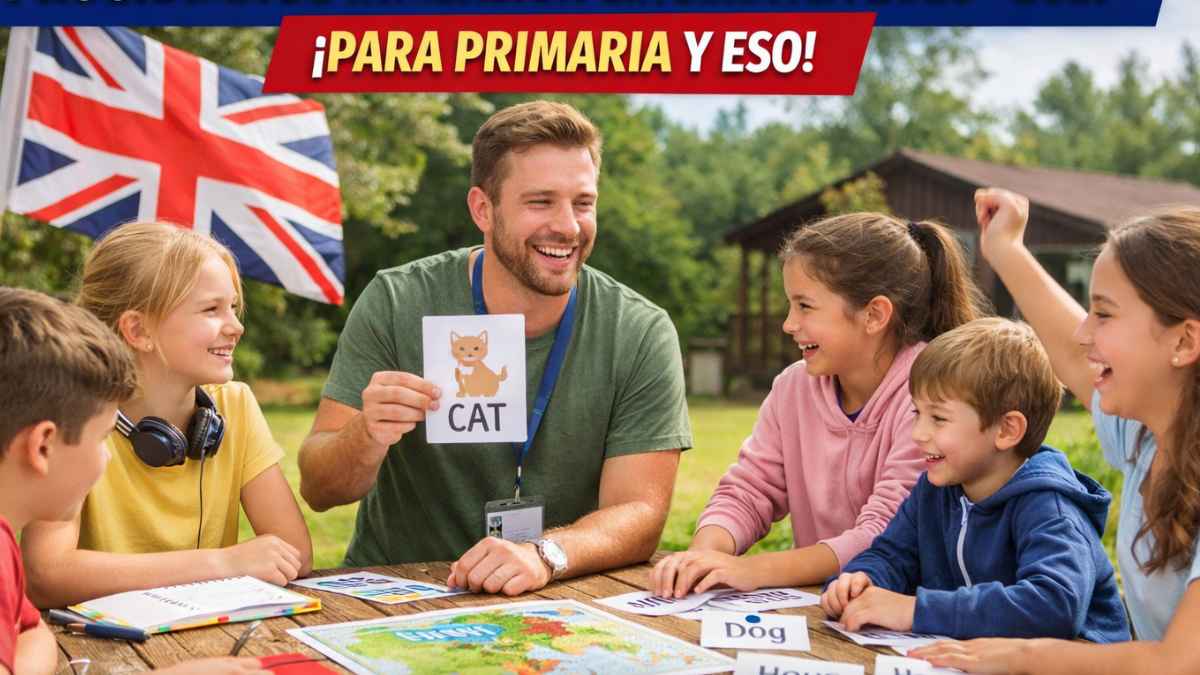 Profesor y alumnos de Primaria y ESO en una actividad del programa de inmersión lingüística 2026/2027 en inglés