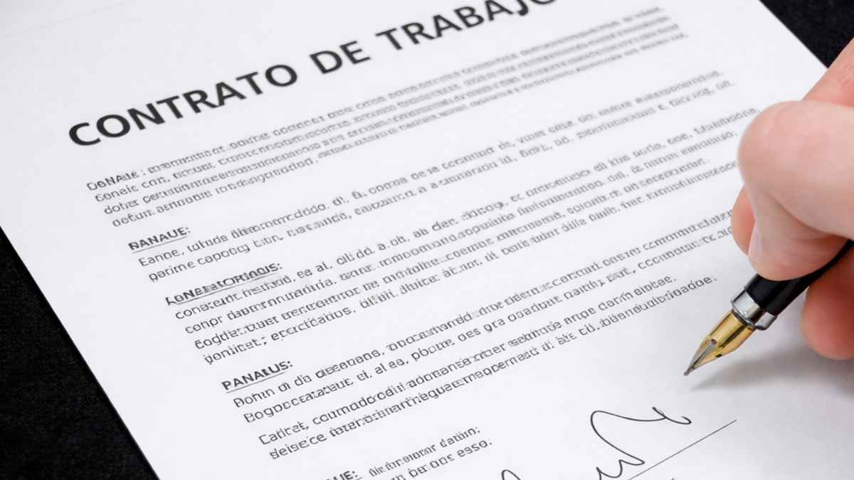 Trabajador firmando un contrato de trabajo con un bolígrafo sobre una mesa