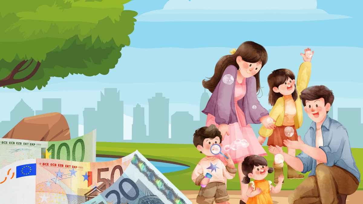 Familia con hijos junto a billetes de euro para ilustrar la ayuda de 1.000 euros de la Seguridad Social