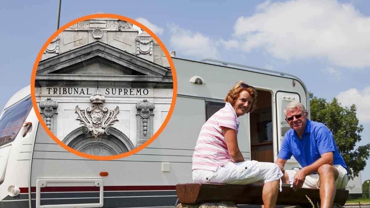 Fachada del Tribunal Supremo junto a una pareja de pensionistas en una caravana