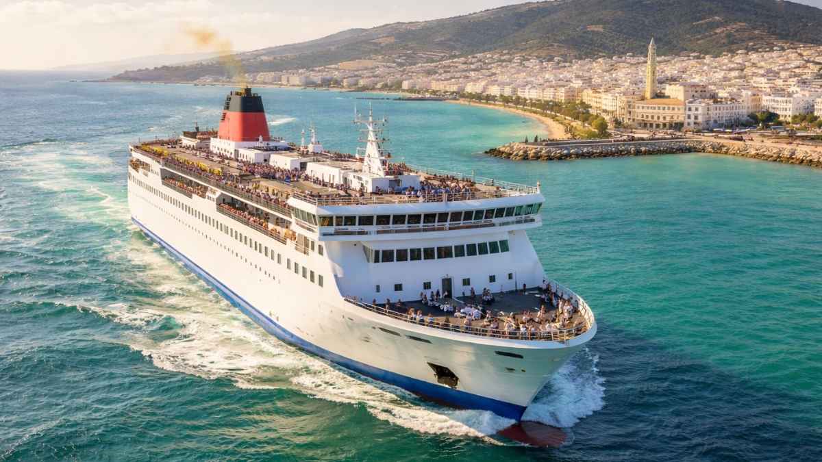 Ferry llegando a la costa de Marruecos con pasajeros disfrutando del paisaje cerca del puerto de Tánger, durante el atardecer