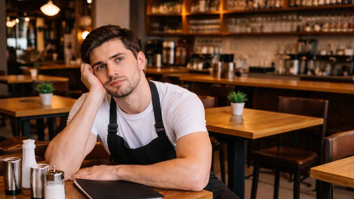 Camarero aburrido en un bar vacío por falta de trabajo durante la jornada laboral
