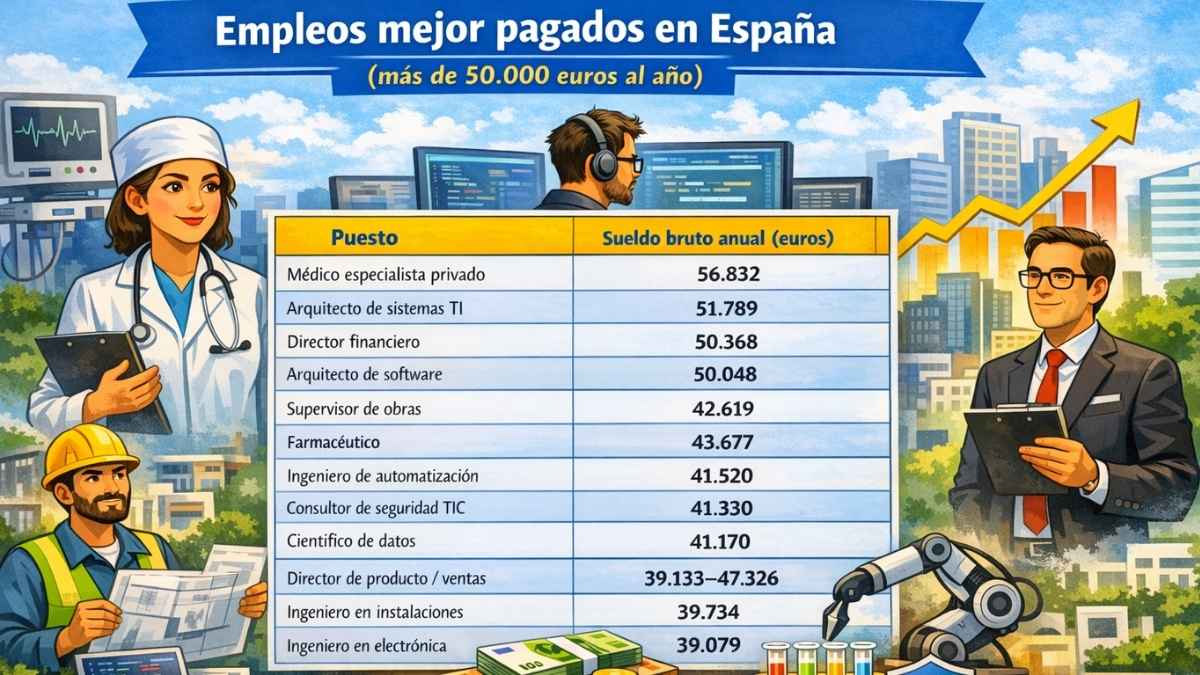 Tabla ilustrada con los empleos mejor pagados en España y salarios anuales de más de 50.000 euros