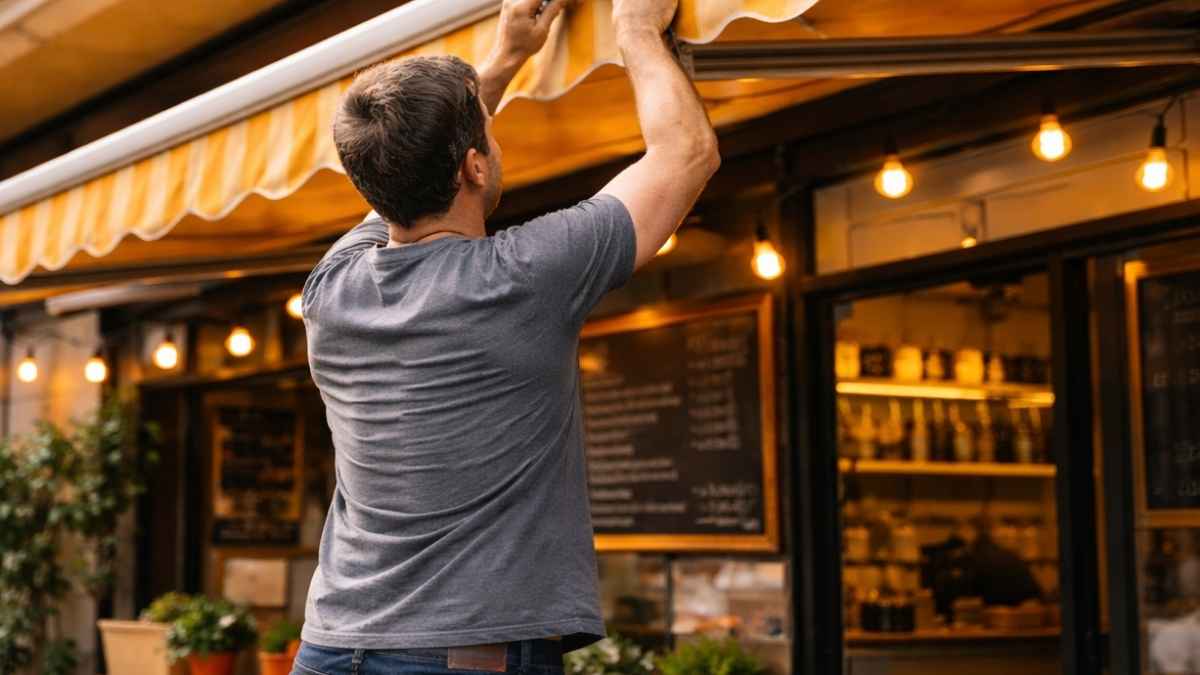 Hombre de espaldas arreglando el toldo de un bar mientras estaba de baja por ansiedad