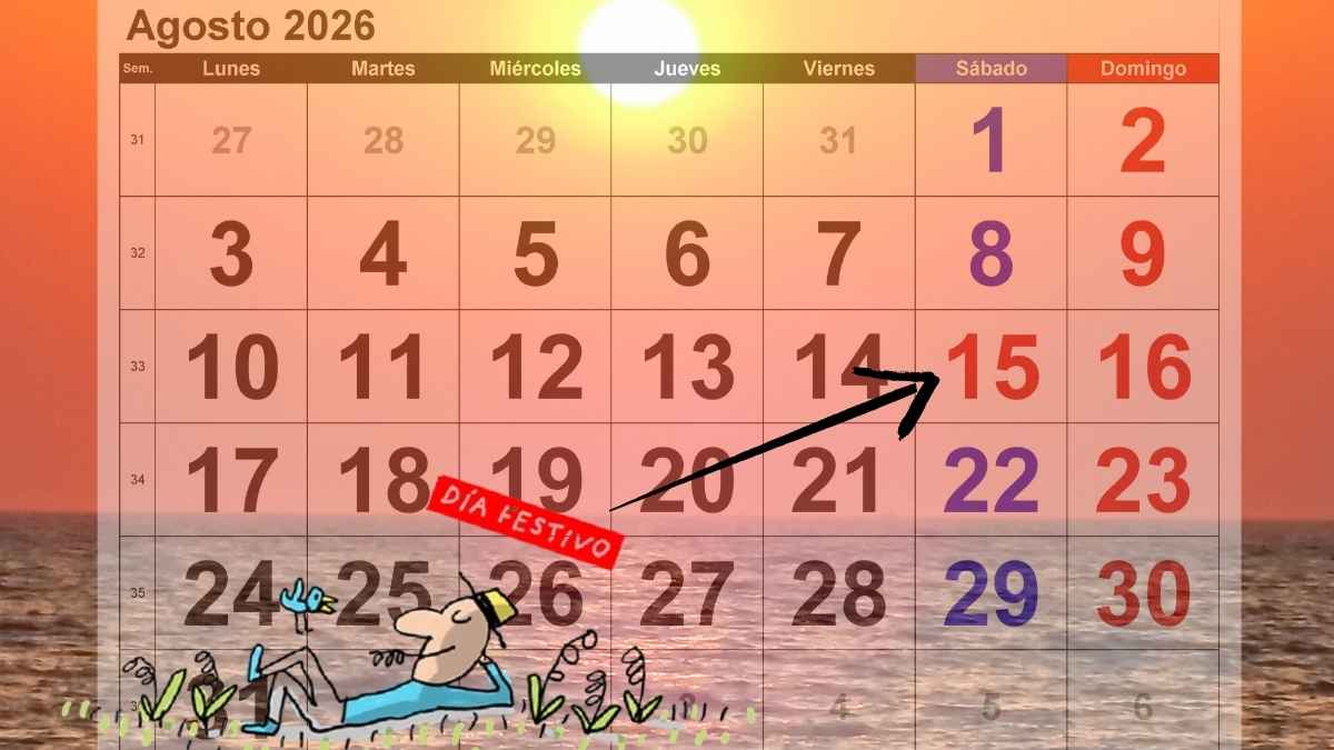 Calendario de agosto de 2026 con el festivo del día 15 en sábado y referencia al descanso semanal