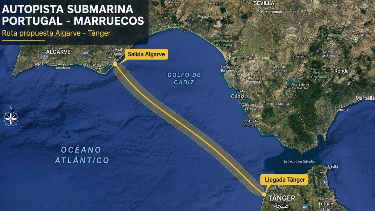 Autopista submarina entre Portugal y Marruecos con ruta desde Algarve hasta Tánger en mapa satelital