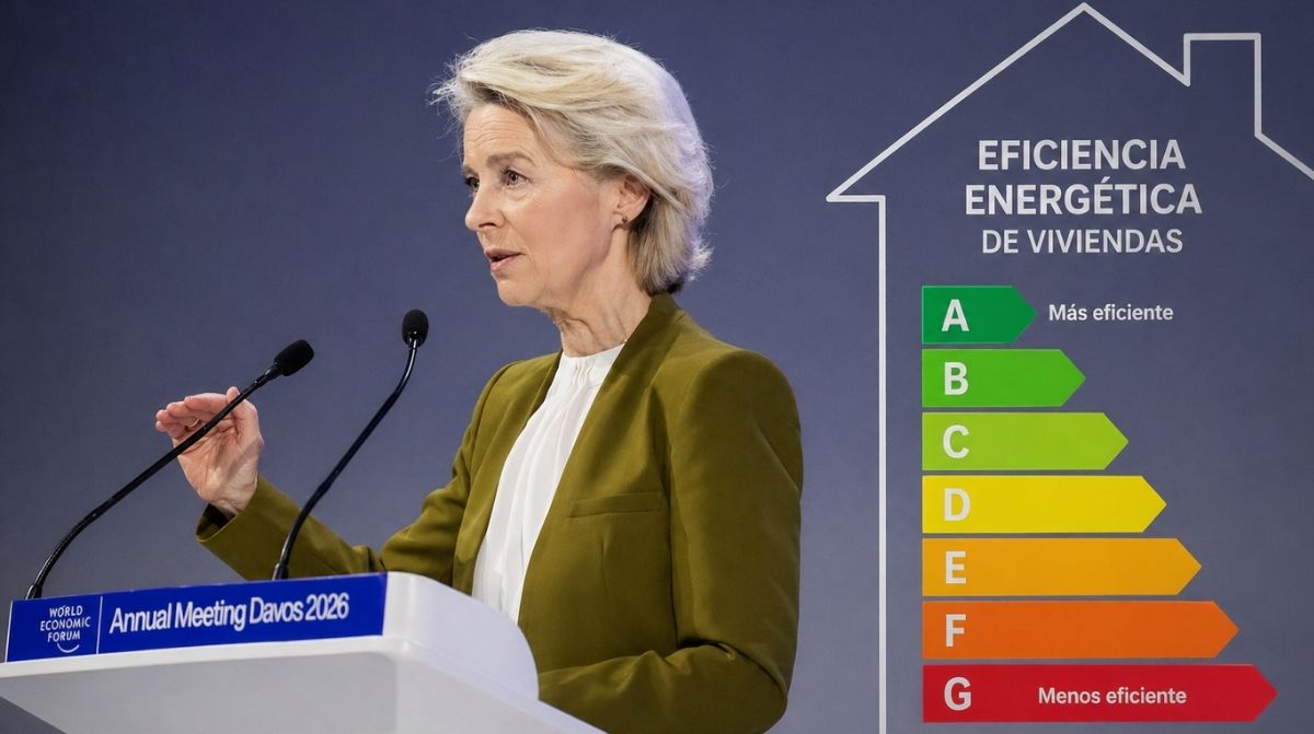 Ursula von der Leyen hablando sobre eficiencia energética de viviendas en la UE con escala energética visible
