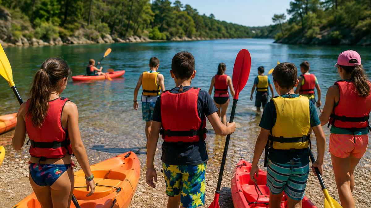 Jóvenes con chalecos salvavidas preparan kayaks en un campamento de verano en Galicia
