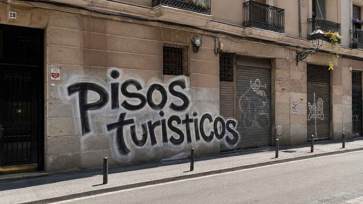 Bloque de pisos con grafiti de pisos turísticos en una fachada urbana