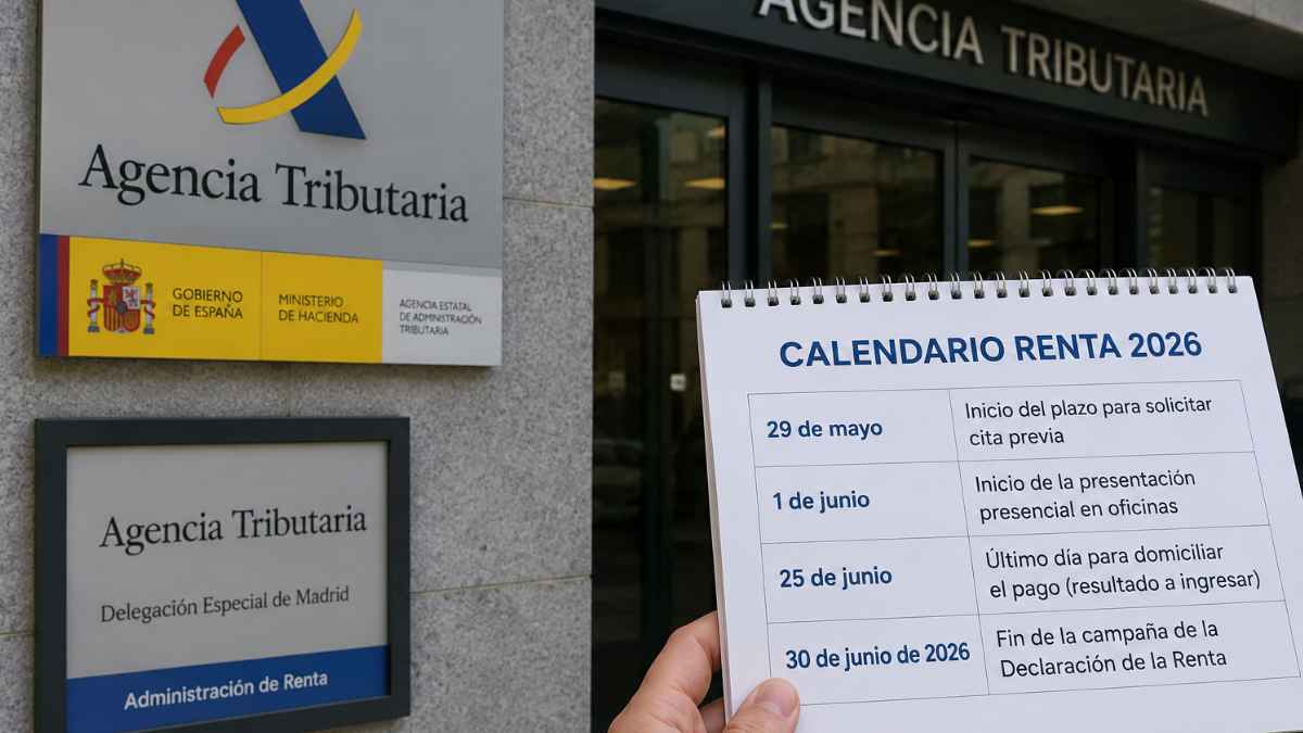 Calendario de la Renta 2026 frente a una oficina de la Agencia Tributaria con las fechas para pedir cita previa y presentar la declaración presencial