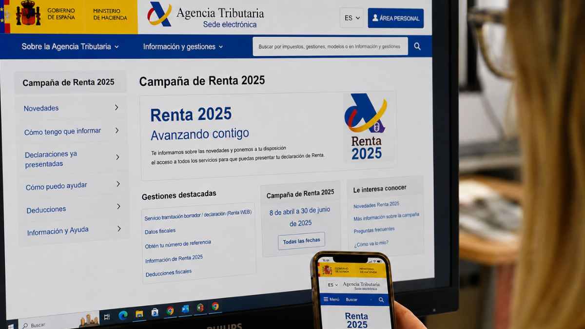 Contribuyente consultando la campaña de la Renta 2025 de la Agencia Tributaria desde un ordenador y un teléfono móvil