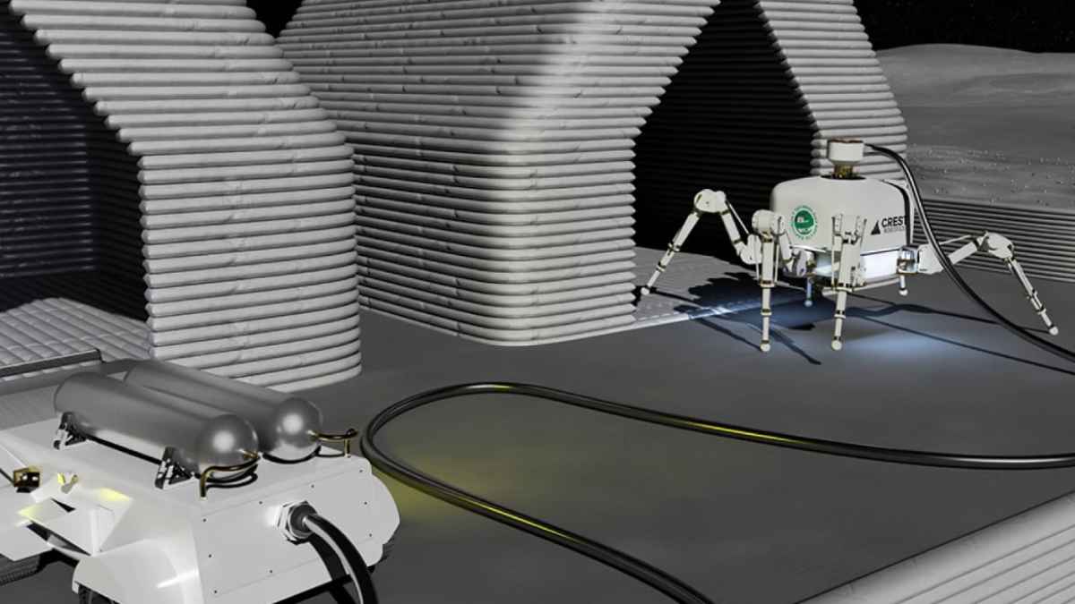 Robot albañil con forma de araña construyendo una vivienda impresa en 3D