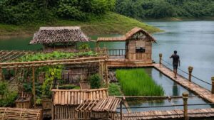 Un hombre crea una aldea flotante autosuficiente con bambú y madera en mitad de la selva