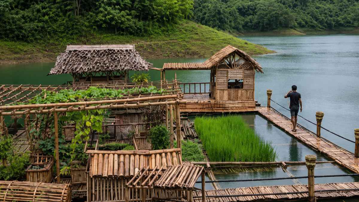 Aldea flotante autosuficiente de bambú y madera construida sobre un lago en plena selva