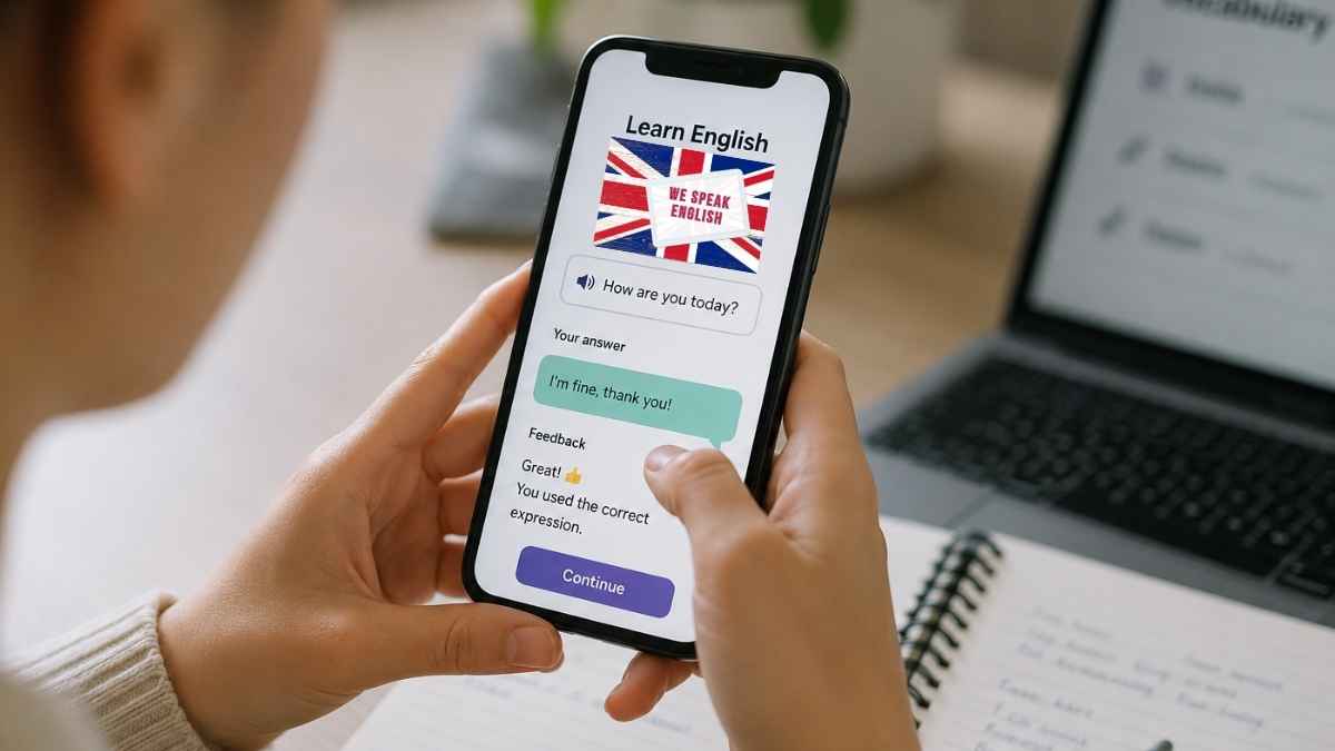 Persona usando una aplicación con inteligencia artificial para aprender inglés desde el móvil