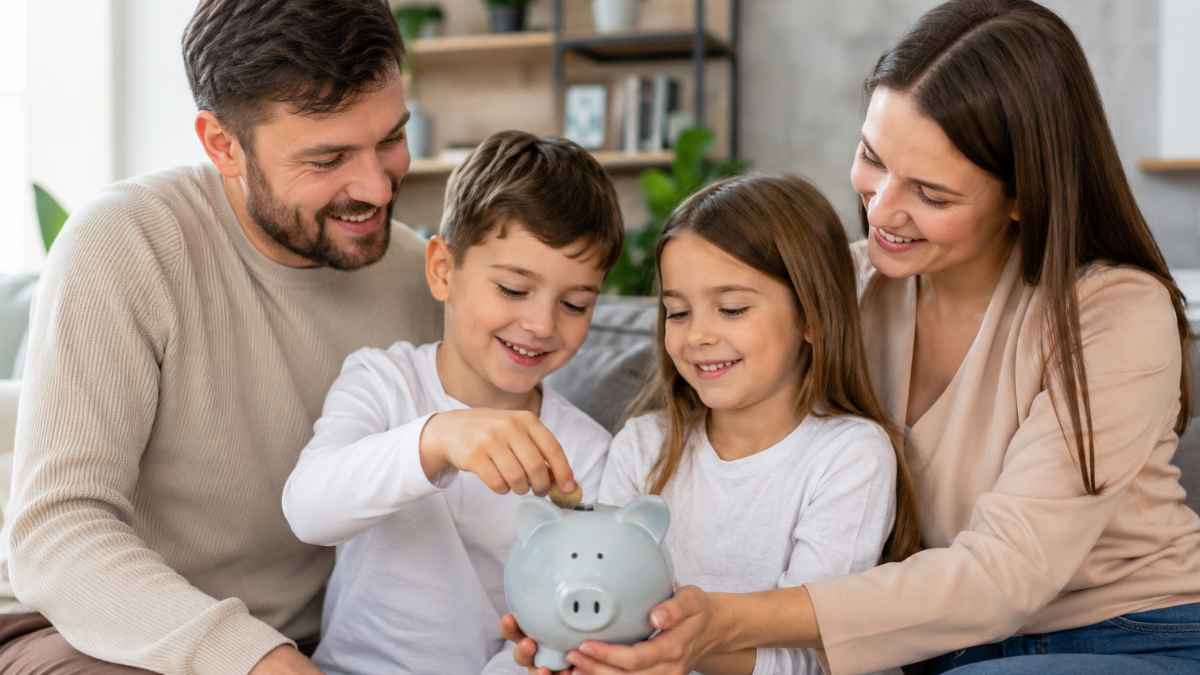 Familia con dos hijos ahorrando en una hucha para ilustrar la ayuda por hijo de la Seguridad Social