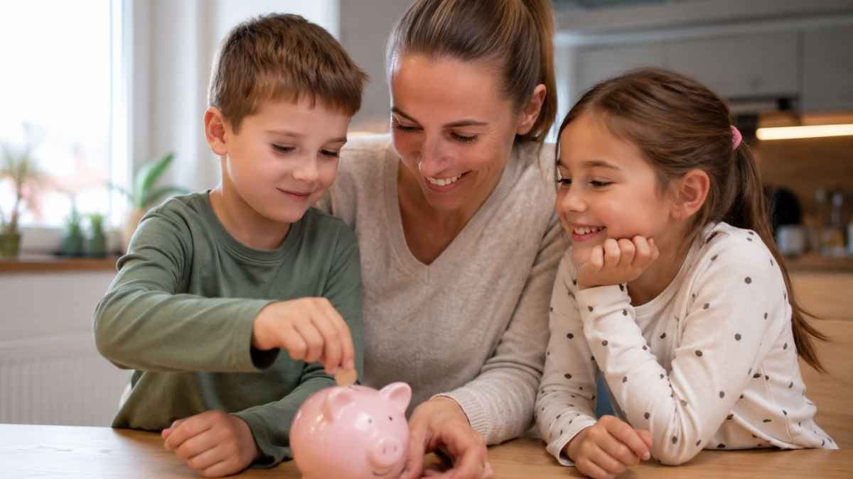 Madre con dos hijos ahorrando monedas en una hucha para representar la ayuda municipal de hasta 1.650 euros