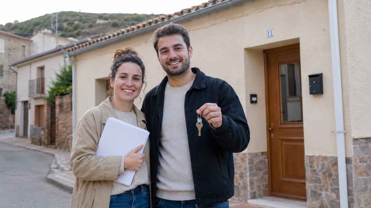 Pareja joven mostrando las llaves de su nueva vivienda en un pequeño municipio tras acceder a ayudas para comprar casa
