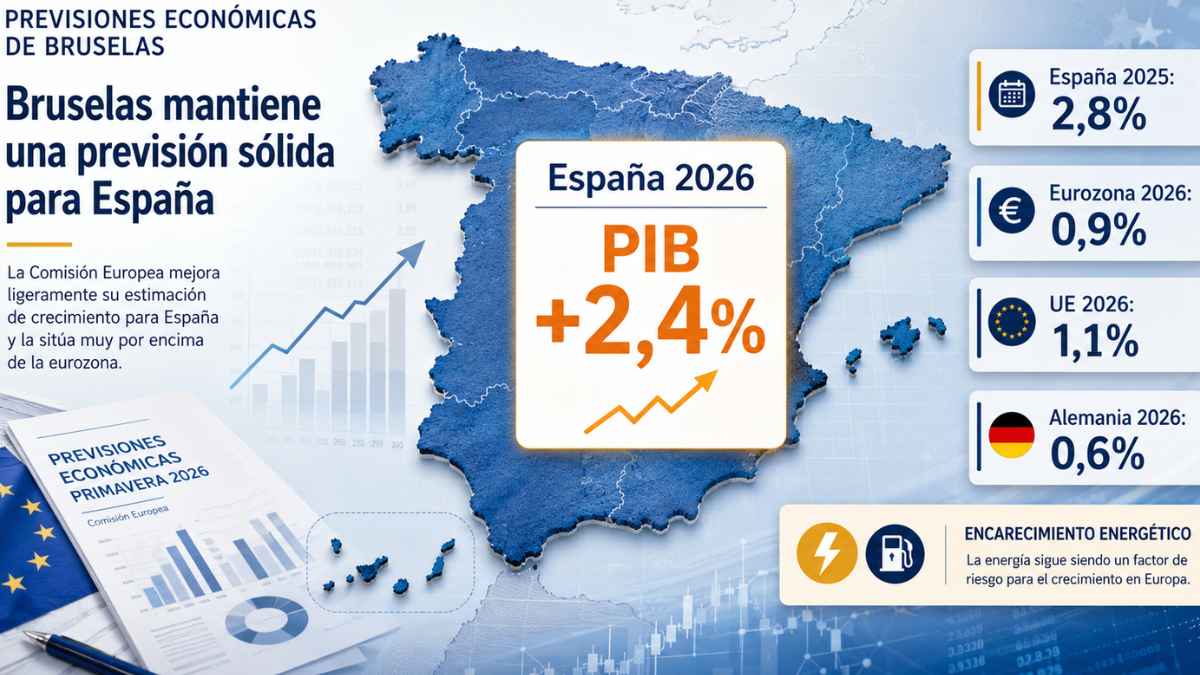 Mapa de España con previsión de crecimiento del PIB del 2,4% en 2026 según Bruselas
