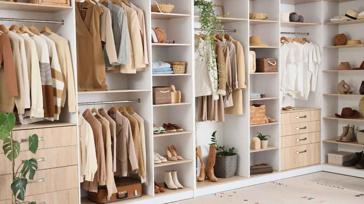 Armario a medida abierto con ropa, cajones y estanterías en una vivienda