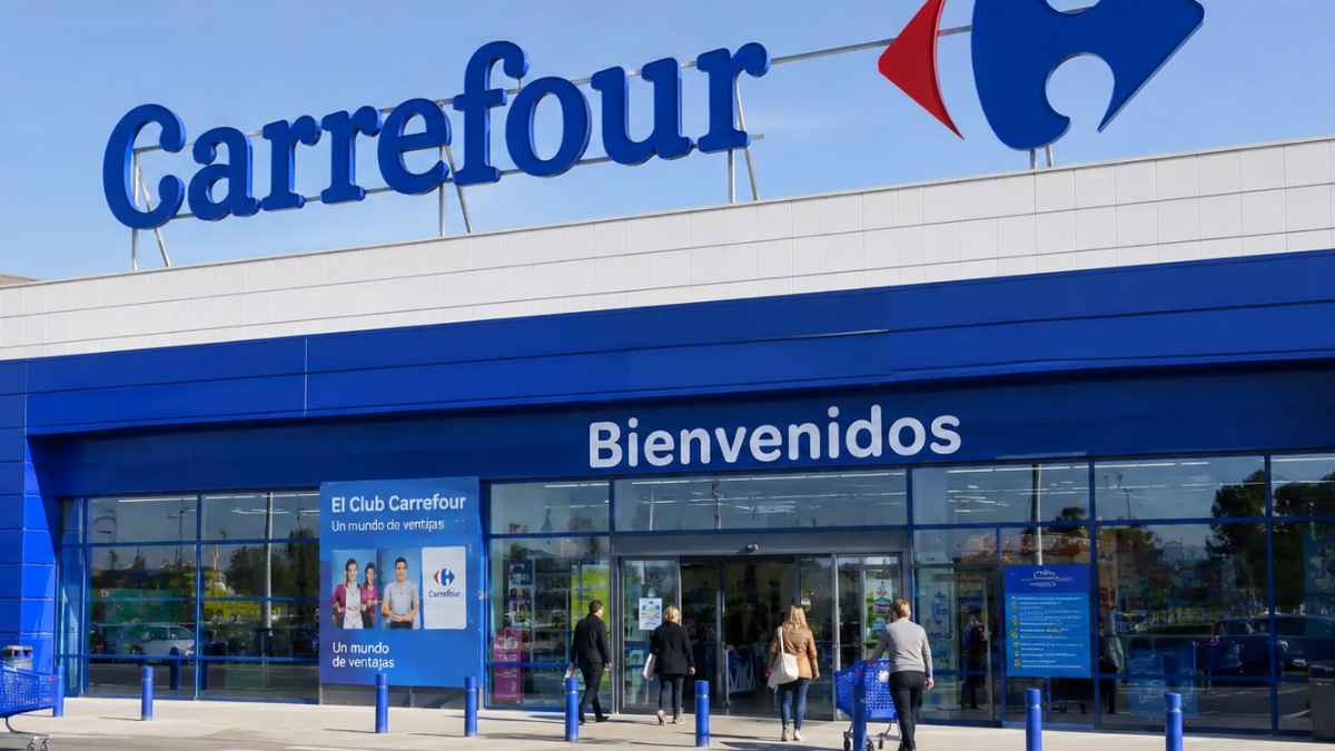 Exterior de un supermercado Carrefour durante la campaña SuperChollos con descuentos en televisores Samsung, LG y TCL